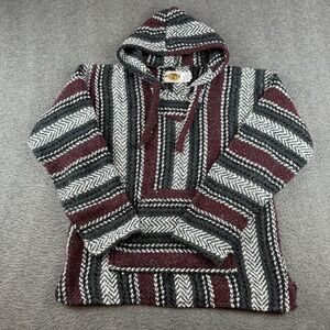 Earth Ragz Baja Hoodie Men's Medium Burgundy Grey Striped Mexican Blanket Rug